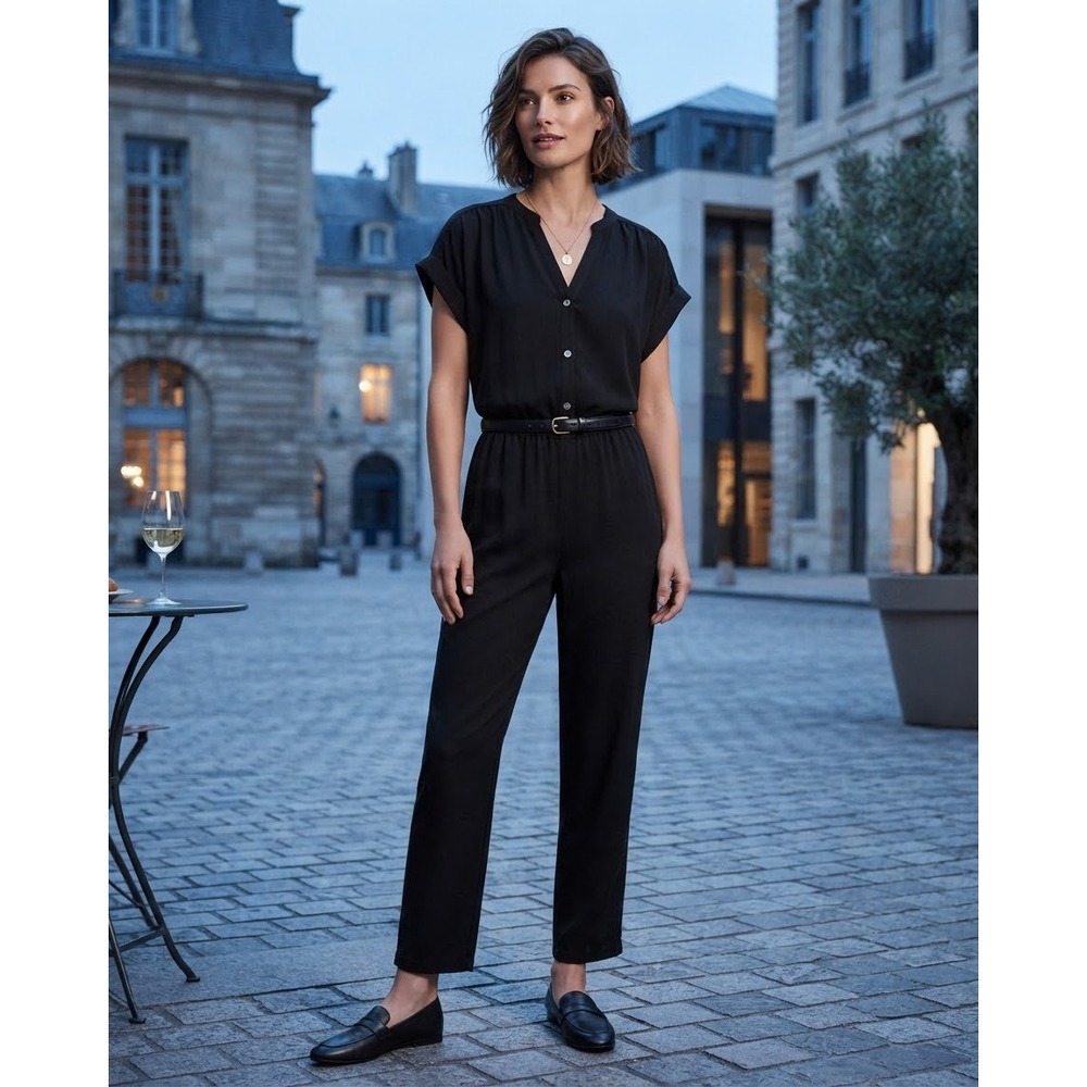 J.Crew Womens Black Short Sleeve Button Front Elastic Waist Jumpsuit Size 8